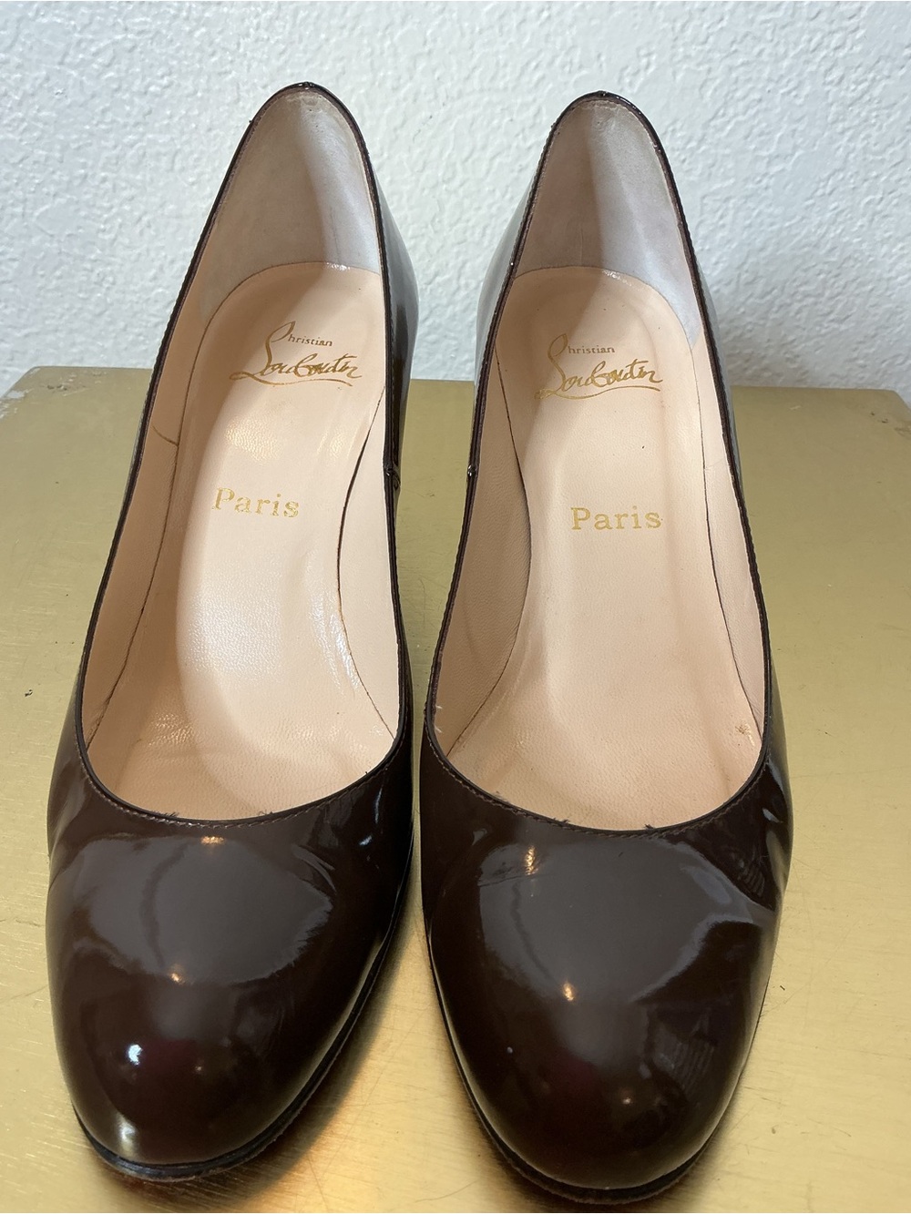 Christian Louboutin Dark Brown Patent Round-Toe Pumps